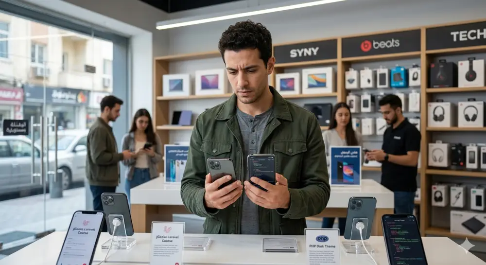 شخص يقارن بين هاتفين ذكيين قبل الشراء في متجر إلكترونيات